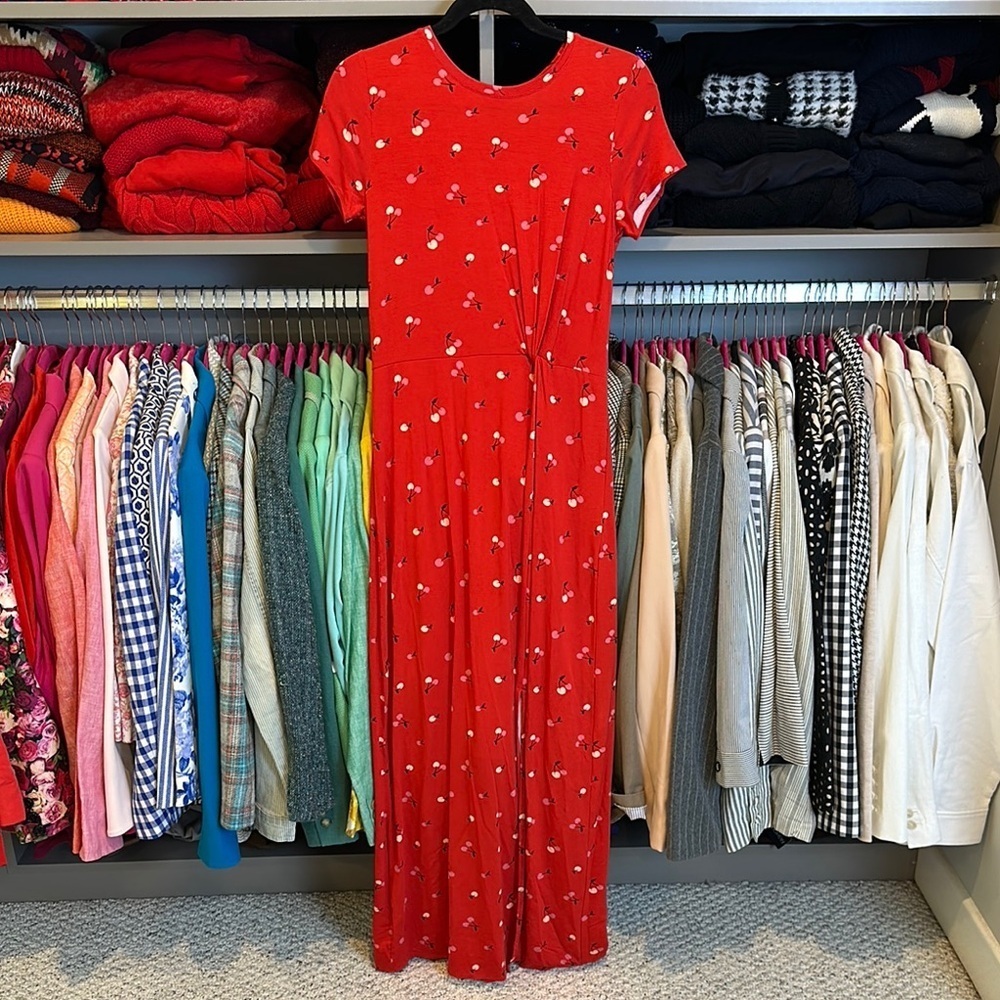 Loft red/cherries short sleeve t shirt maxi dress size XS NWT